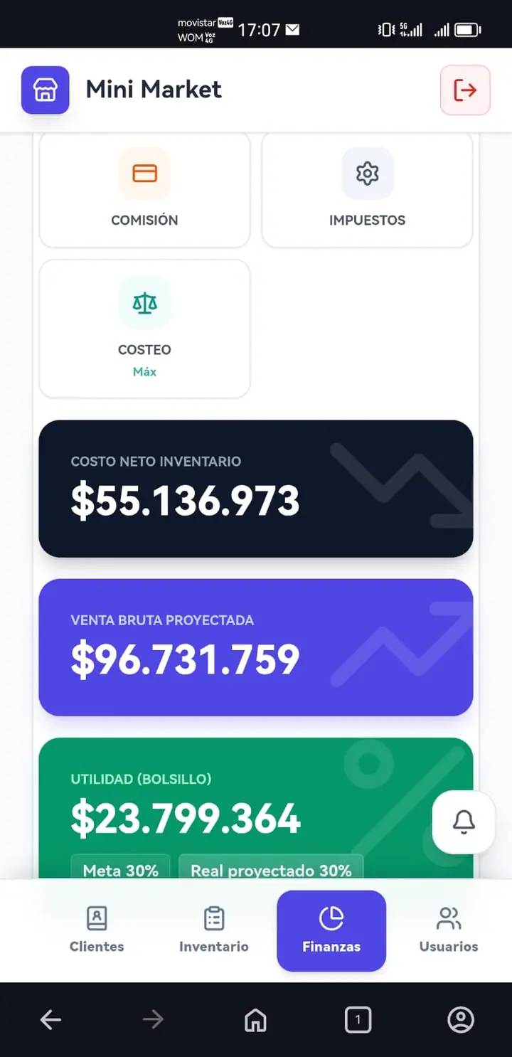 Panel de V One con ventas, resultados y movimientos en el celular