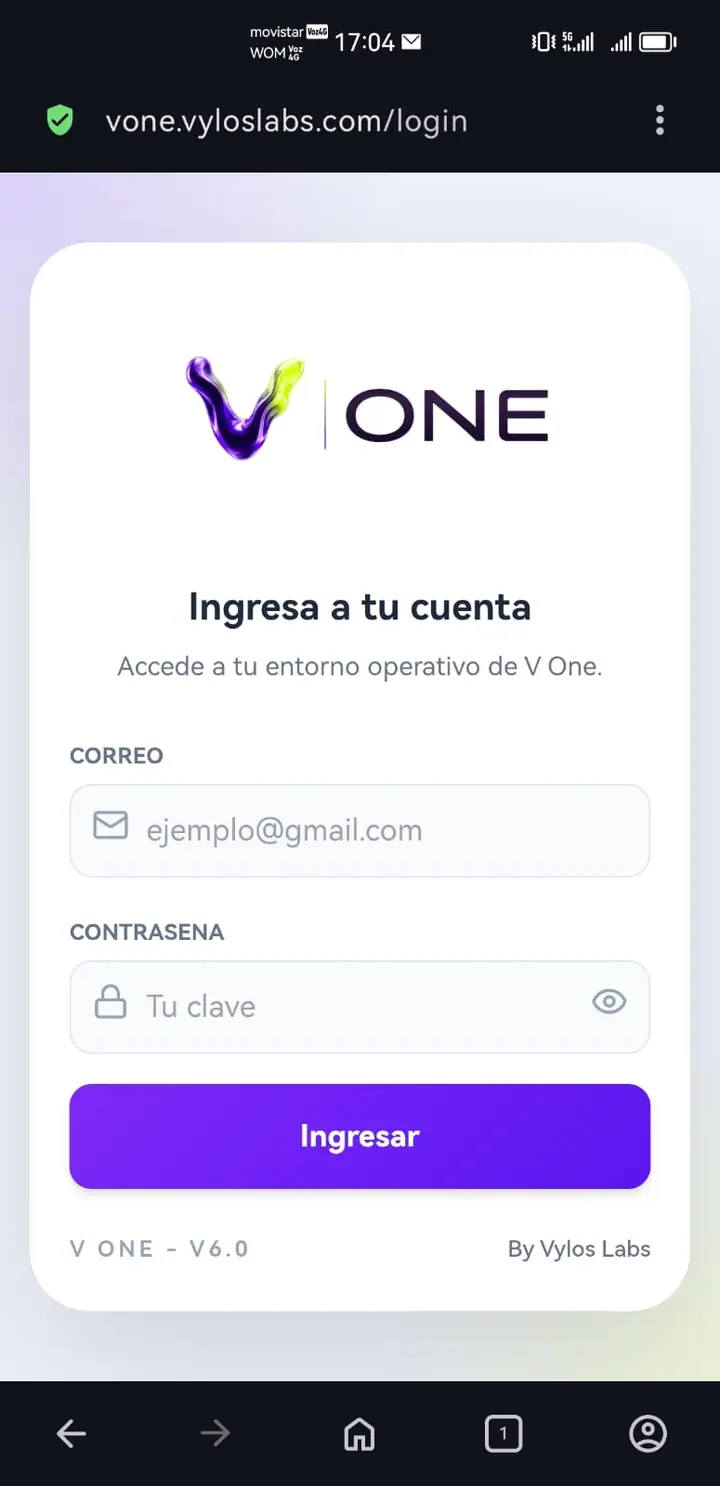 Pantalla de ingreso de V One en el celular, con los campos de correo y contraseña.