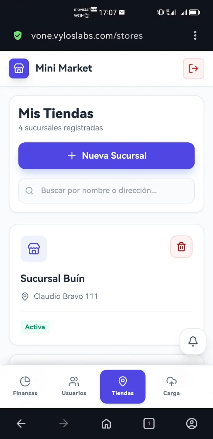 Pantalla de sucursales de V One en el celular: listado de locales registrados con su dirección y estado, y un botón para agregar uno nuevo.