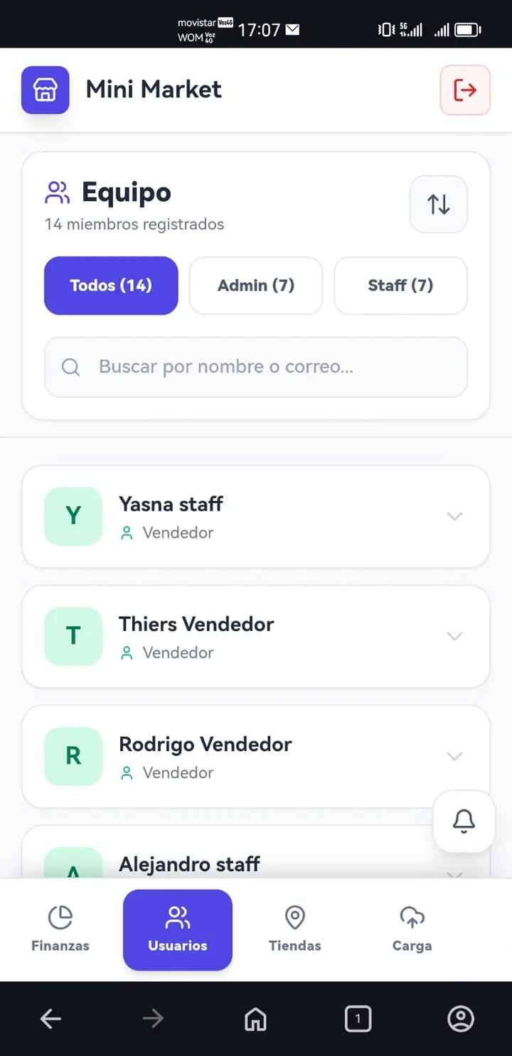 Pantalla de equipo de V One en el celular: miembros registrados separados entre administradores y staff, cada uno con su rol.